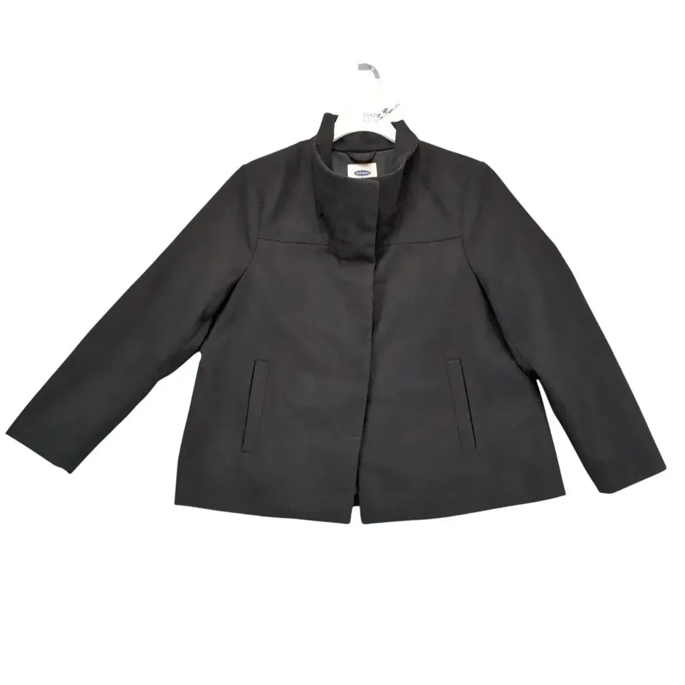 Old Navy Black Pea Coat‎ Women's XL Concealed Buttons Flannel Boxy Retro Mod